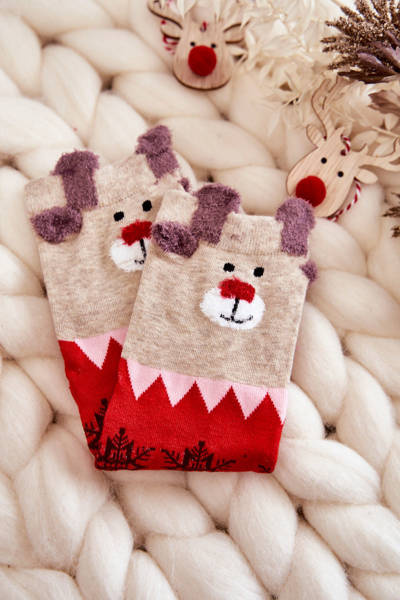 Жіночі прикольні новорічні шкарпетки Олені та сніжинки червоно-бежеві