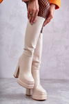 Модні шкіряні чоботи на масивному каблуці бежеві Meggie