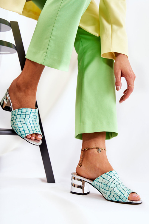 Шкіряні жіночі тапочки Крокодиловий візерунок На каблуці Салатовий Перрі