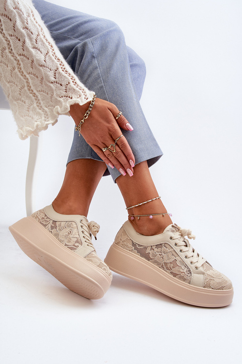 Жіночі Кросівки З Кружева На Платформі S.Barski HY51-059 Бежеві