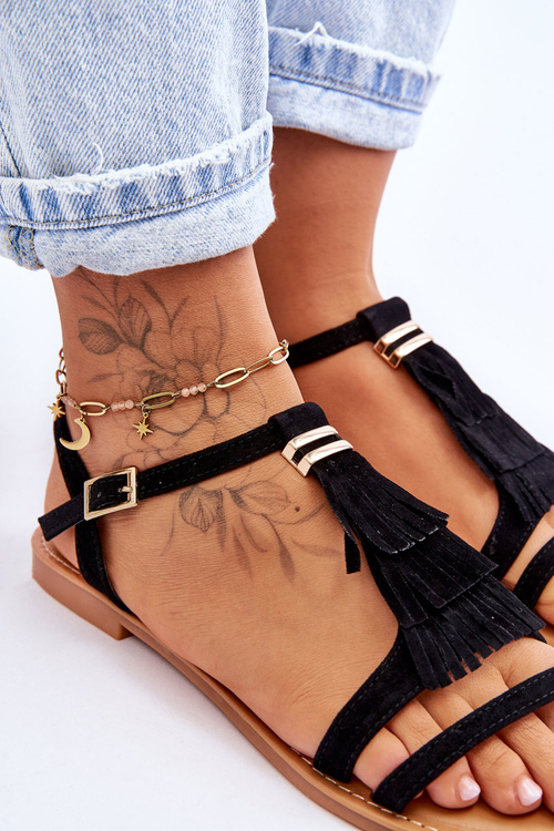 Жіночі замшеві босоніжки в стилі бохо чорні Lucami