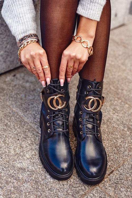 Жіночі утеплені чоботи із золотою пряжкою Чорне золото