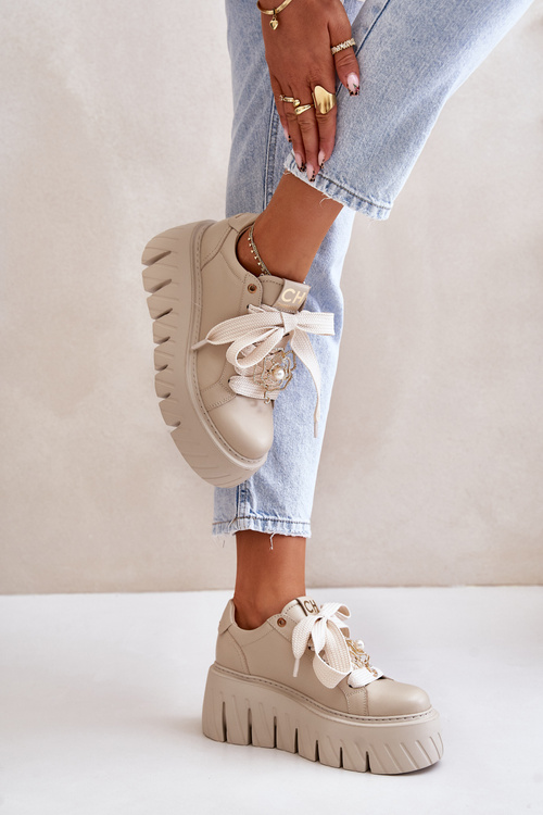 Жіночі кросівки на масивній підошві з золотистим декором CheBello 4530 Beige