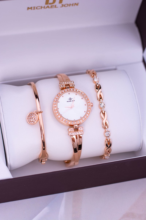 Набір жіночих цирконієвих годинників Майкла Джона з двома браслетами з рожевого золота