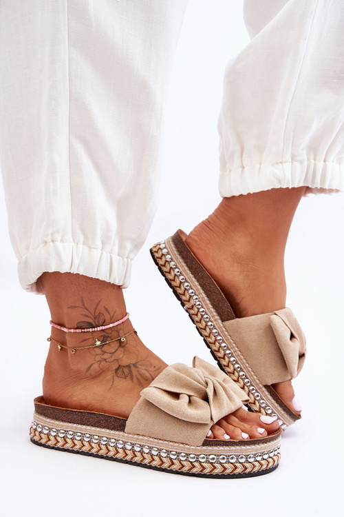 Жіночі замшеві тапочки з бантом бежеві Lauria