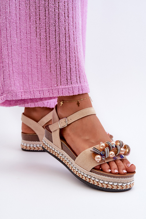 Жіночі босоніжки на танкетці та платформі з декором S.Barski HY056 Бежеві