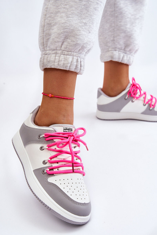 Жіночі класичні подвійні кросівки на шнурівці біло-сірі Jella