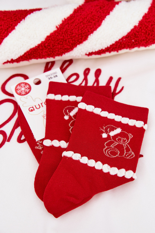 Жіночі різдвяні шкарпетки Ведмедик у шапці Санти червоні