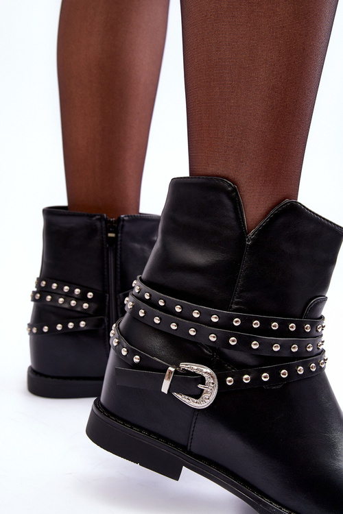 Жіночі шкіряні чоботи з прикрасами на плоскому каблуці Чорні Adkrana