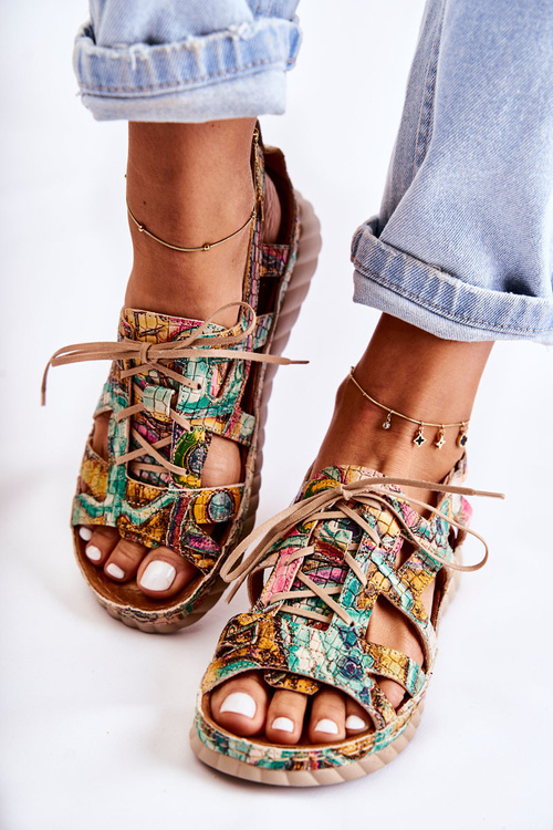 Жіночі шкіряні босоніжки на липучці 05375-09 Зелені