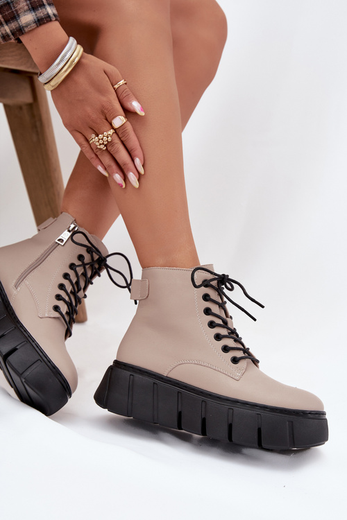 Шкіряні утеплені жіночі ботильйони на платформі Vinceza 66803 бежеві