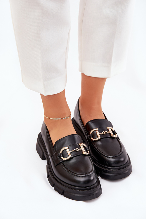 Жіночі Еко Шкіряні Мокасини З Золотим Деталем Чорні Ravalissea