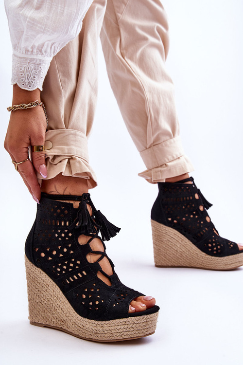 Замшеві ажурні чоботи на танкетці Чорні Berthe