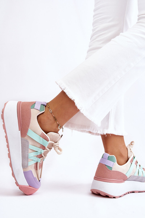 Жіночі замшеві кросівки на платформі бежево-рожеві Rohan