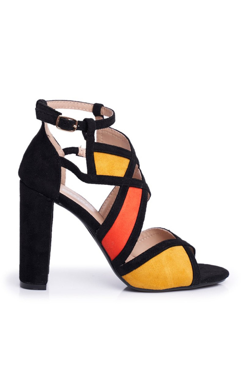 Замшеві босоніжки на шпильці чорно-помаранчеві Emolly