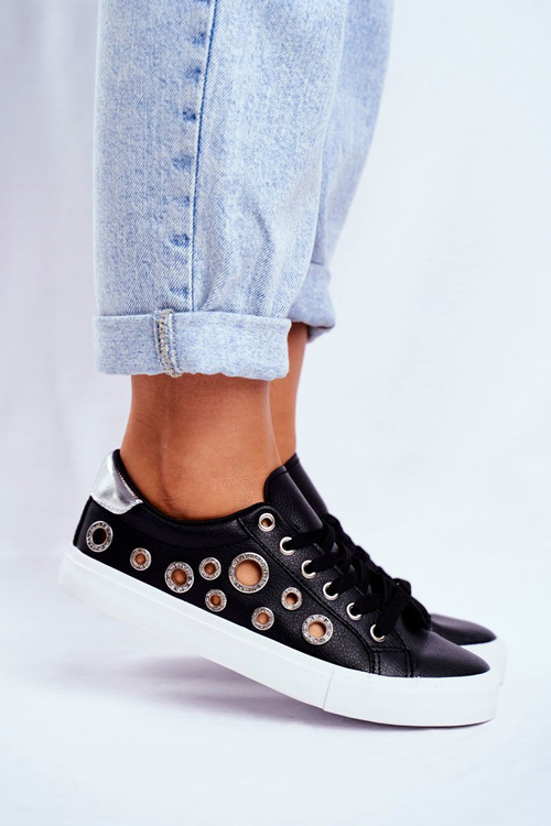 Жіночі кросівки з дірками і цирконами Чорні рокса