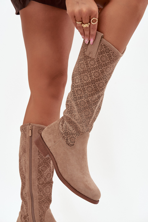 Жіночі чоботи з перфорацією на плоскому каблуці S.Barski HY52-534 бежеві