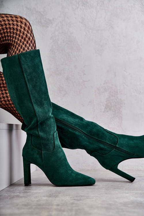 Чоботи жіночі на каблуці до коліна темно-зелені Truly Love
