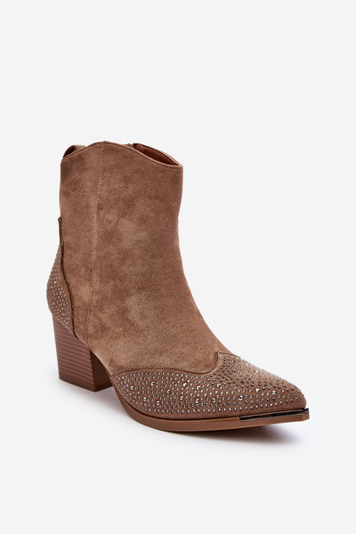 Жіночі ковбойські чоботи на каблуці з прикрасами бежеві Eleduana