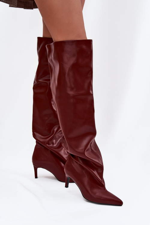 Жіночі чоботи на підборах без застібки бордові Mavilla