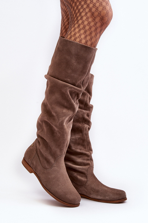 Жіночі замшеві чоботи до коліна Maciejka 05790-04 Бежеві