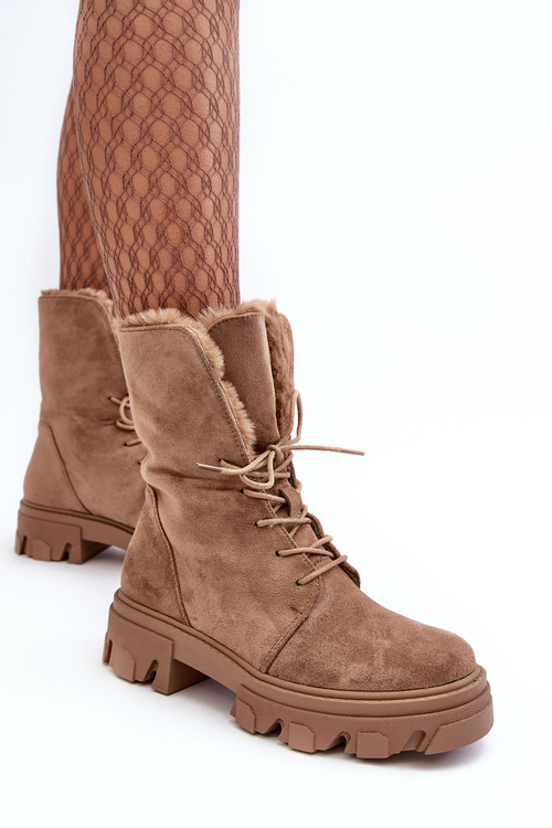 Замшеві черевики на шнурівці з хутряною обробкою темно-бежевого кольору Frendo
