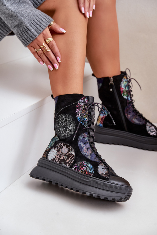 Шкіряні замшеві ботильйони на платформі Теплі чорні 06565-01