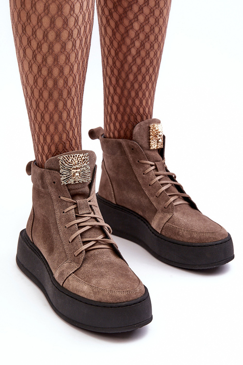 Жіночі чоботи на шнурівці з шкіряним орнаментом темно-бежеві Nicole 2833