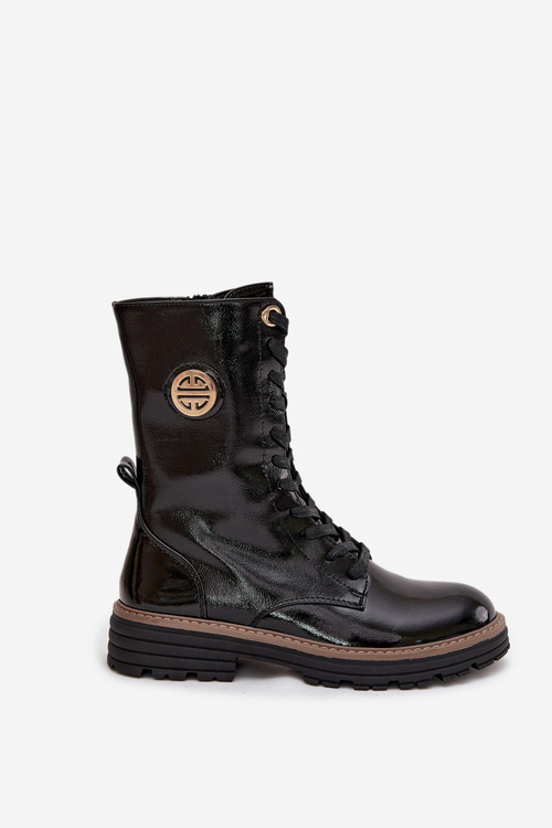 Лаковані жіночі робочі чоботи з золотим деталлю утеплені чорні Dorialine