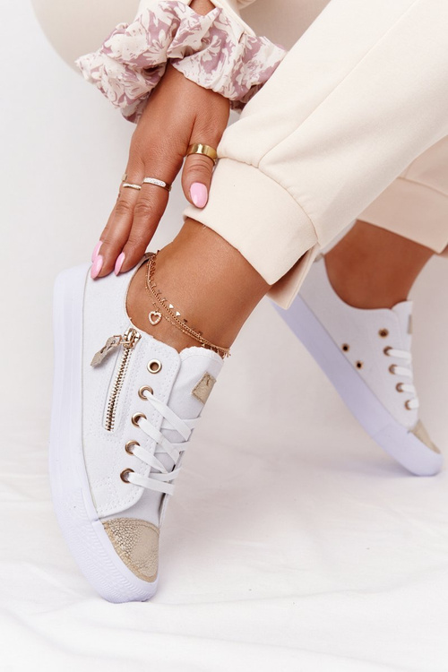 Жіночі кросівки на блискавці біло-золоті фестивальні