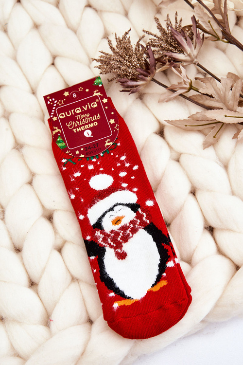 Дитячі новорічні бавовняні термоактивні шкарпетки Penguin Red