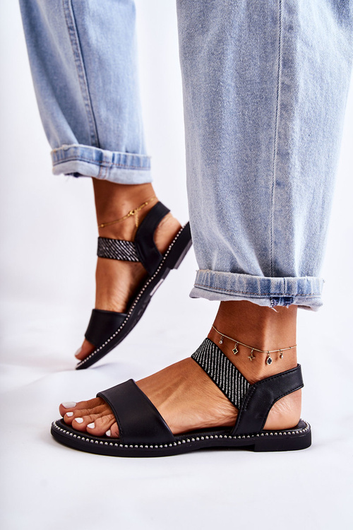 Жіночі класичні босоніжки на плоскій каблуці Чорні Catis