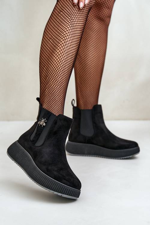 Жіночі ботильйони без шнурівки на платформі з декоративною екозамшею чорні Ciatheia