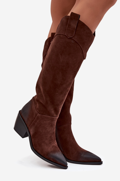 Жіночі Ковбойські Ботфорти На Каблуці З Натуральної Замші Artiker 57C0230 Коричневі