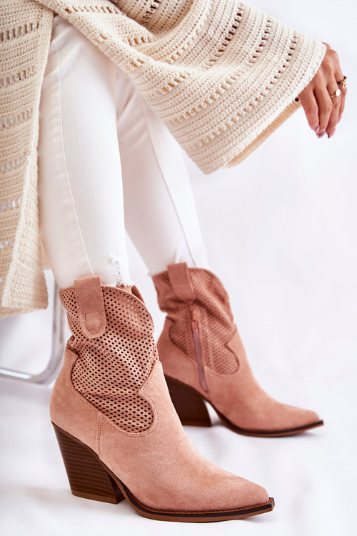 Жіночі замшеві ажурні чоботи ковбойські рожеві Eleonore