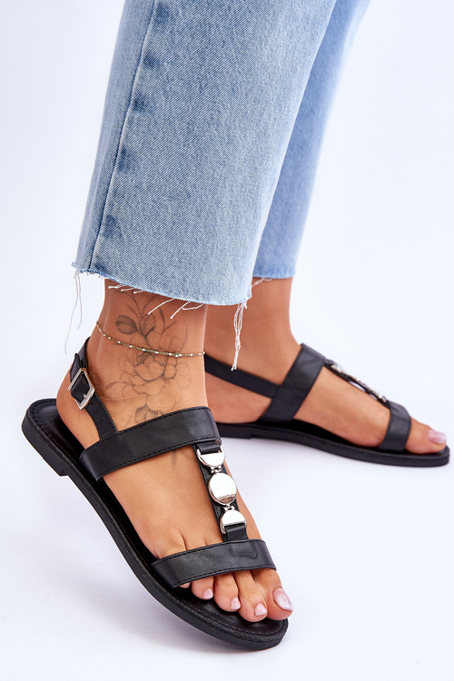 Жіночі босоніжки на плоскій підошві з декоративним поясом Black Berry