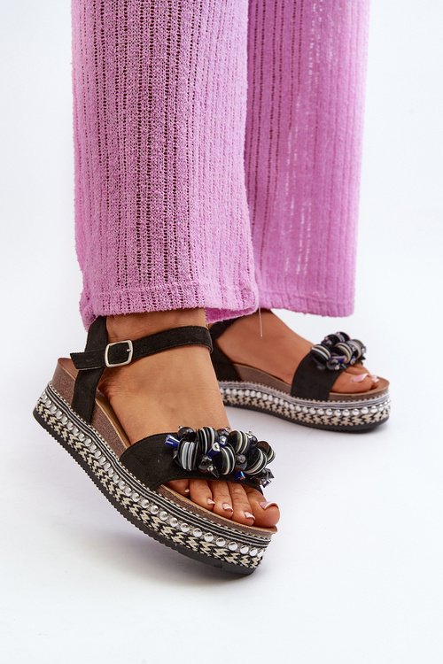 Жіночі босоніжки на танкетці та платформі з декором S.Barski HY056 Чорні