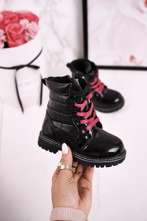 Дитячі утеплені черевики з стьобаним лаком Black Pinkie