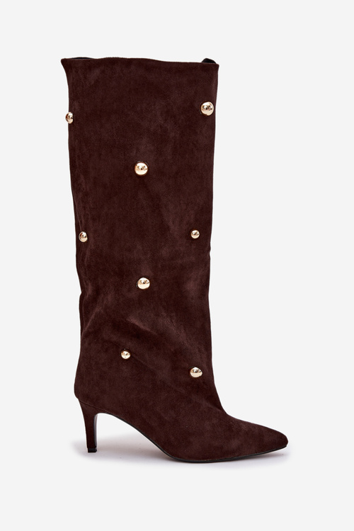 Ласти жіночі чоботи на каблуці з золотими прикрасами шоколадні Thaliane