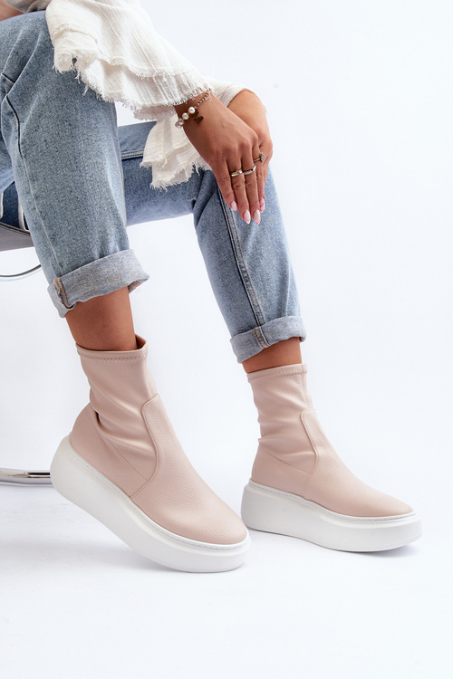 Жіночі шкіряні ботильйони Zazoo 3395 на масивній платформі бежеві
