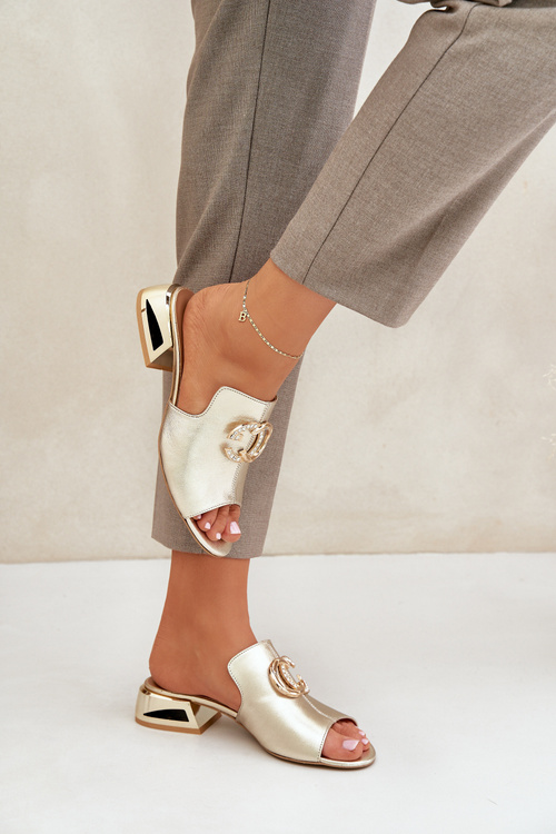 Шкіряні Елегантні Жіночі Сандалі На Низькому Каблуці Лаура Мессі 2874 Золоті