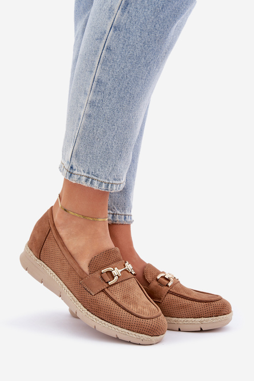 Ажурні мокасини зі золотим елементом і джутовим плетінням коричневі Lainer