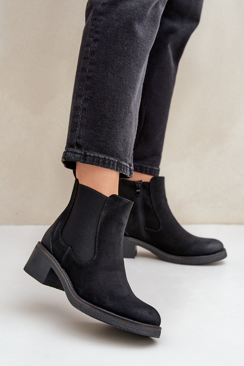 Жіночі ботильйони на утепленому низькому каблуці на блискавці чорного кольору Savalindra