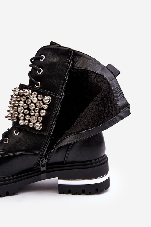 Жіночі утеплені робочі черевики з декором чорного ленна