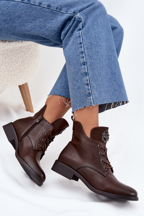 Низькі Жіночі Черевики На Плоскому Каблуці З Декоративною Деталлю Утеплені Коричневі Cylira