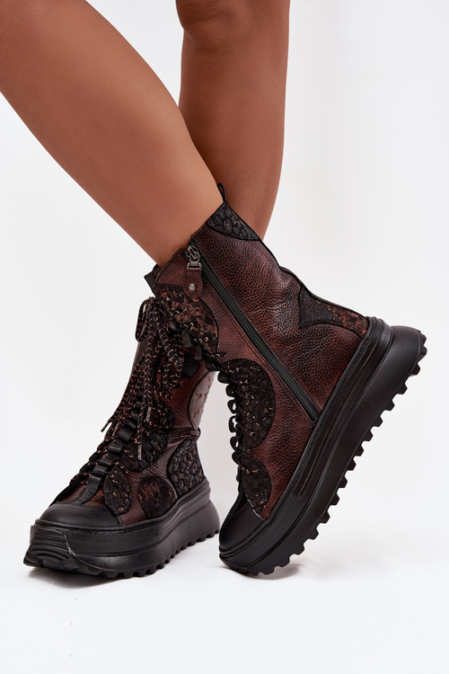 Шкіряні чоботи на платформі з підкладкою Maciejka 06565-02 коричнево-золоті