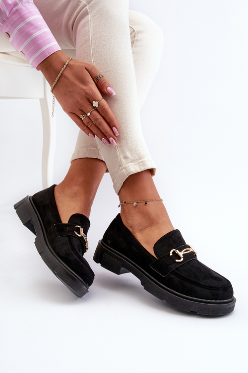 Жіночі чорні мокасини зі штучної замші з золотим декором Lighas