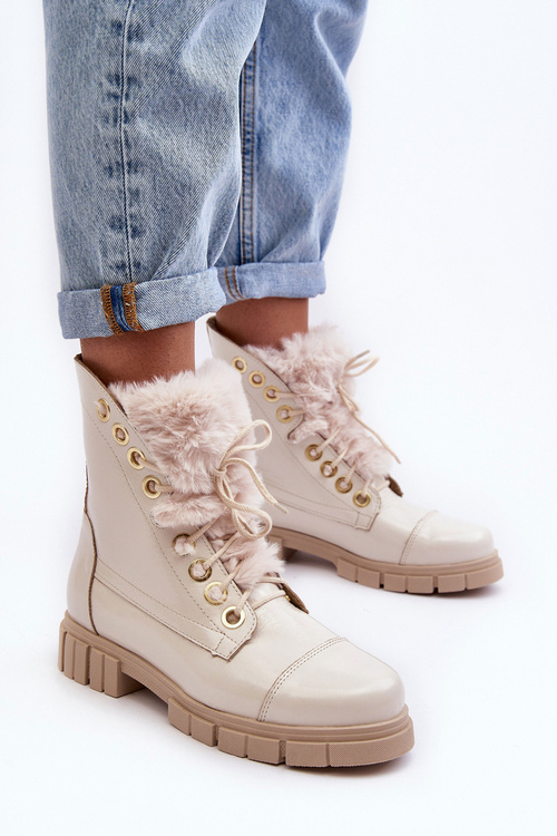 Шкіряні жіночі чоботи зі штучним хутром світло-бежеві Lewski 3296