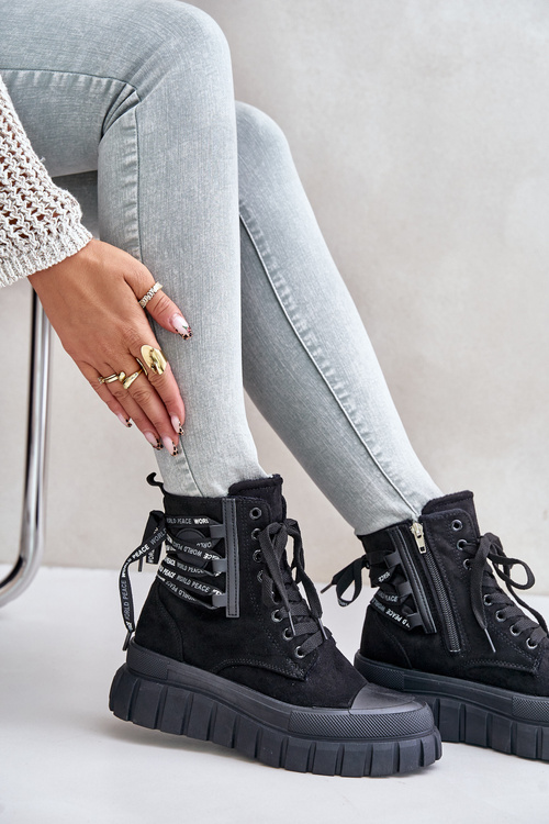 Чоботи жіночі на платформі з декоративною шнурівкою Чорні Edidda