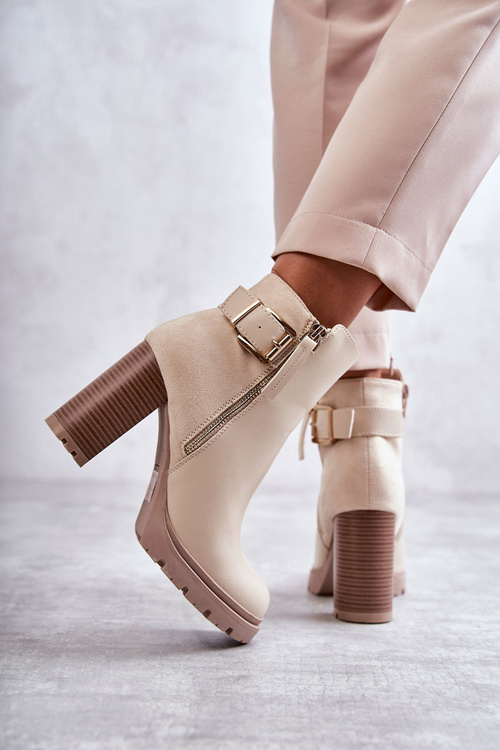 Шкіряні чоботи на високих підборах з декоративною блискавкою Бежеві Rosita